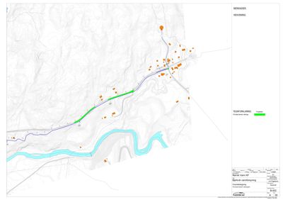 Et kart som viser et område med topografi (konturlinjer), en elv, og flere markører (orange firkanter) langs en rute eller vei.