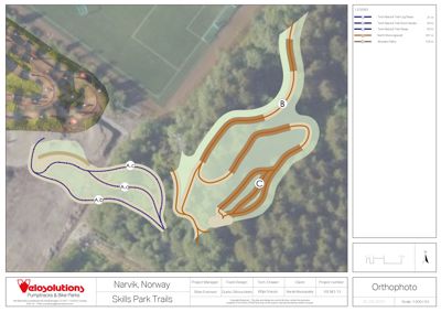 Kart over en pumptrack og sykkelbane i Narvik med overlag av ortofoto.