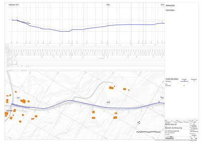 Situasjonsplan som viser tomtens form, høydekurver, eksisterende bygg (VK1, VK2, VK3) og vannforsyningsrør.