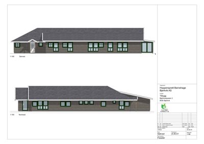 Fasadetegning som viser oppriss av bygningen sett fra sørvest og nordvest.