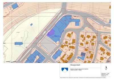 Situasjonskart som viser tomtens plassering i forhold til nabolag, veier og topografi.