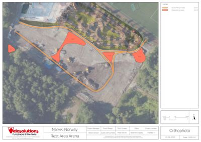 En ortofoto (luftfoto) av et område i Narvik med overlagte ruter som viser planlagte eller eksisterende arealer (tilgangsplasser og arenaer).