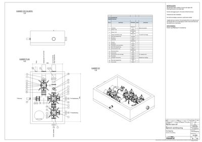 Plantegning av et kammer (rom) med angitte mål, utstyr og tilknytninger.