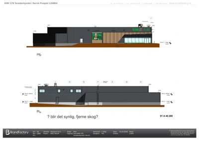 Snittegning av bygningen sett fra vest (Vest) og øst (Øst), som viser høyder, takform og fasadeelementer.