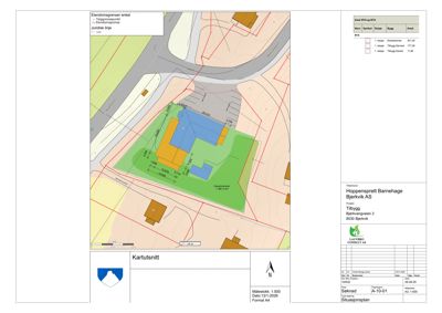 Situasjonsplan som viser eiendomsgranser, tomteareal og plassering av bygninger på tomta.
