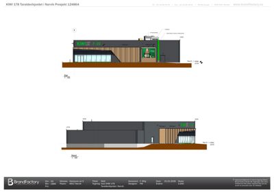 Fasadetegning som viser bygningens utseende fra to ulike vinkler (sannsynligvis nord og sør), inkludert materialvalg, vindusoppsett og logoer.