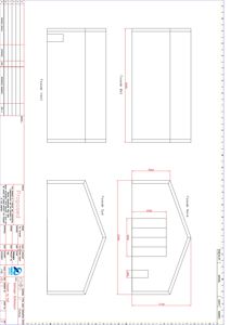 Fasadetegning som viser oppriss av bygningens front (Nord, Vest, Syd) med mål og detaljer.