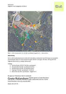 Bildet viser en ortofoto-situasjonsplan (kart) med overlagte ruter og symboler som illustrerer et byggeprosjekt. Det er også inkludert tekst med nabovarsling og vedleggsliste.