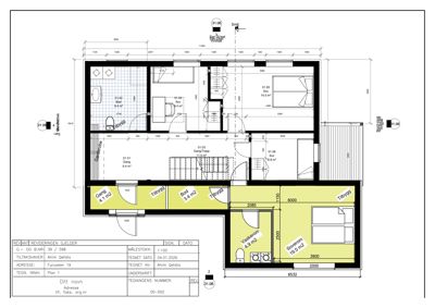 Etasjeplan (Plan 1) som viser romfordeling, mål og areal for en leilighet.