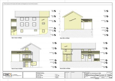 Fasadetegning som viser oppriss av bygningens ytre utseende med detaljer om vinduer, dører og materialer.