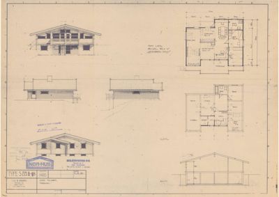 En tegning som viser etasjeplaner (romfordeling) og fasadeopprikk for en hytte (Type S221B-1B).