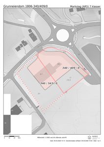 Situasjonsplan som viser eiendomsgrunnene (340/409/0 og 340/547/0) med tilhørende veier og nabolag.