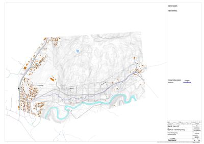 Kart over et område med topografi, vannløp og bygningsplasseringer (B-001).