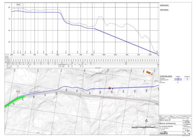 Situasjonsplan som viser terrengform (konturlinjer), vannføringslinje og bygningers plassering i forhold til hverandre.