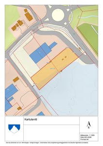 Situasjonsplan (kartutsnitt) som viser tomtens plassering i forhold til nabolag, veier og vannveier.