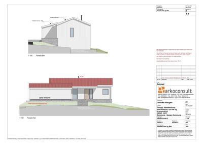 Tegning som viser fasadeoppsett for en bygning sett fra øst og vest, inkludert takform, vinduer og materialvalg.