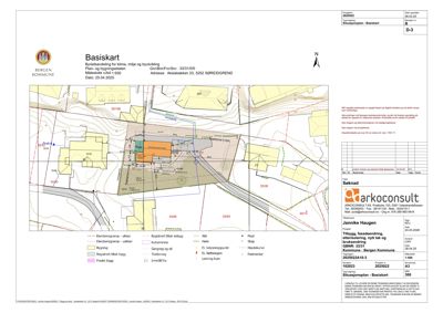Situasjonsplan (Basiskart) som viser tomtens beliggenhet, naboeiendommer, vegnett og topografi.