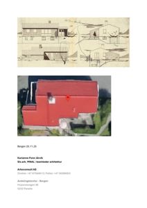 Et sammensatt bilde som viser en håndtegnet fasadeillustrasjon øverst, en 3D-modell av bygningen nederst, og en signatur med kontaktinformasjon for arkitektfirmaet Arkoconsult AS.