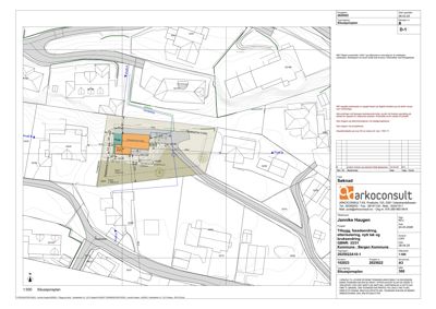 Situasjonsplan som viser tomt, nabobebyggelse, vegger og høydemålinger.