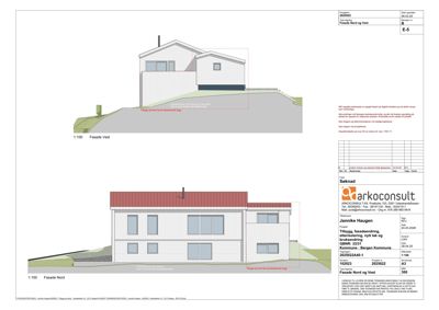 Fasadetegning som viser bygningens utseende fra nord og vest, inkludert takform, vinduer og fasadematerialer.