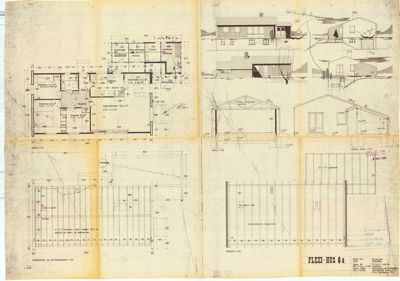Bildet viser en samling arkitekttegninger for et hus, inkludert etasjeplaner (romfordeling), fasadeopprikk, snittegninger og detaljtegninger for konstruksjoner.