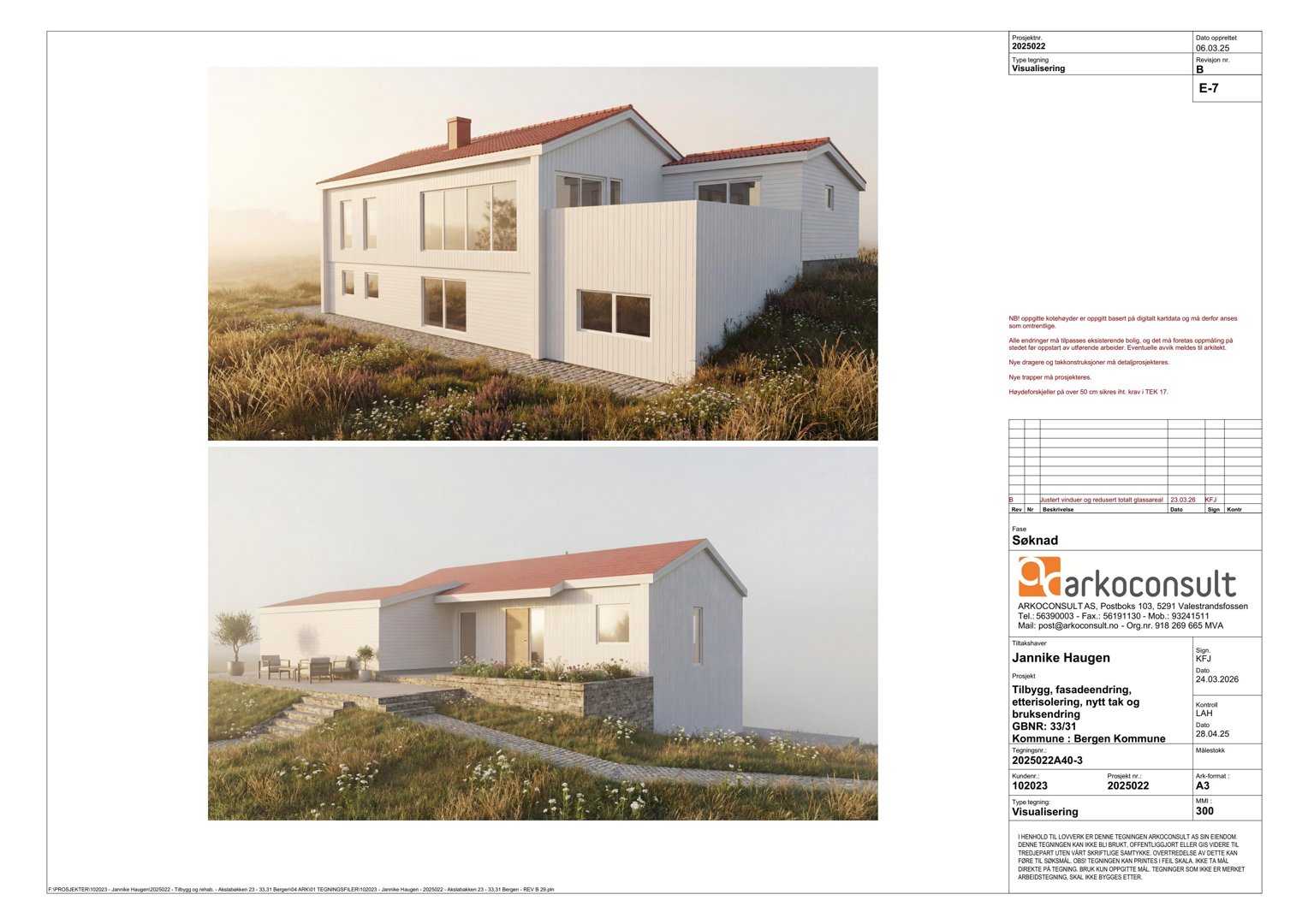 3D-visualisering av en villa med omgivelser, vist fra to ulike vinkler.