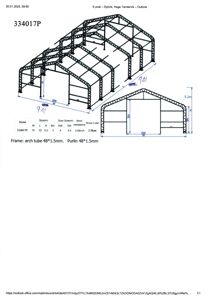 Tegning som viser et stålrammeverk for en skur eller lignende, med dimensjoner og tekniske spesifikasjoner.