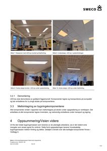 Fotografier av et klasserom og korridorer med montert LED-belysning, inkludert tekster under bildene og en rapporttekst.