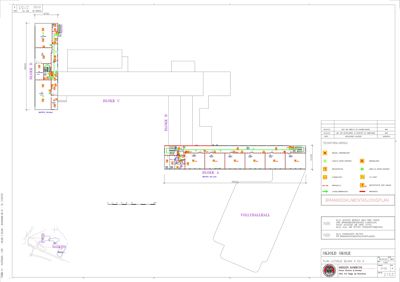 Situasjonsplan som viser plasseringen av skolen (Blokk A, B, C, D) i forhold til volleyballhallen og omgivelsene.