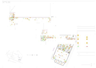 En brannplan (branndokumentasjonsplan) for Skjold skole og volleyballhall, som viser plassering av utstyr og utrykningsveier.