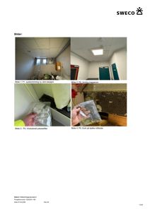 En samling av fire foton som viser ulike deler av en bygning, inkludert etasjeplaner, vindusbrætt og en loftsåpning.