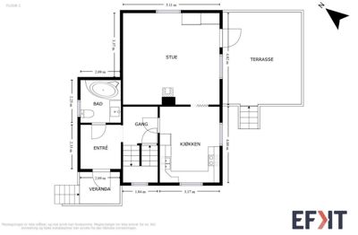 Etasjeplan (FLOOR 1) som viser romfordeling, dimensjoner og plassering av stue, kjøkken, bad, entré, veranda og terrasse.
