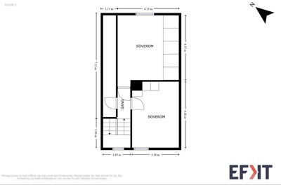 Etasjeplan (FLOOR 2) som viser romfordeling, dimensjoner og plassering av trapp og dører.