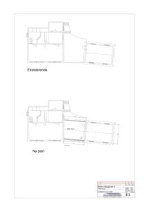 Plantegning som viser romfordeling for en bygning. Bildet inneholder to varianter: 'Eksisterende' (gammel plan) og 'Ny plan' (ny planlagt fordeling).