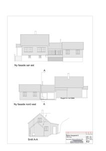 Arkitekttegning som viser fasadeoppsett for en bygning. Tegningen inneholder to utsnitt av fasader (sør-øst og nord-vest) samt et snitt (A-A) som viser takform og takhøyde.