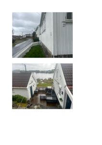 Fotografier av en eksisterende bygning sett fra utsiden, inkludert fasade og en terrasse med utsikt over vann.