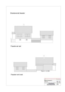 Tegning som viser eksisterende fasader på en bygning, inkludert sør-øst og nord-vest.