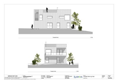 Fasadetegning som viser bygningens utseende fra nord og vest med detaljer om vinduer, dører og fasadematerialer.