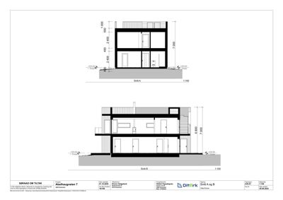 Tegning som viser to snitt (Snitt A og Snitt B) gjennom en bygning, med oppgitt høyder og romfordeling.