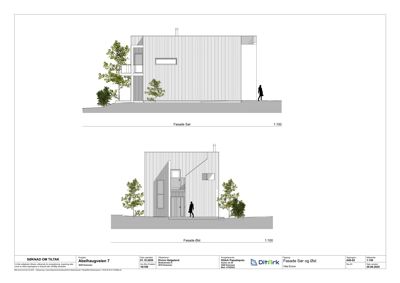 Fasadetegning som viser bygningens utseende sett fra sør og øst.