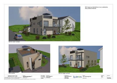 3D-visualisering av en planlagt bolig med utsnitt fra tre ulike vinkler (veien, ovenfra og hagen).