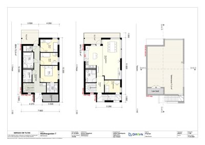Bildet viser etasjeplaner (1. etasje, 2. etasje og lav bod) med romfordeling, mål og snittlinjer for en bygning.