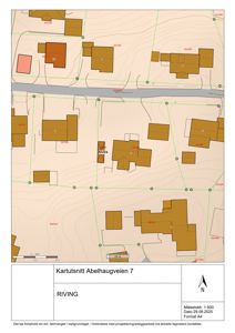 Situasjonsplan (kartutsnitt) som viser tomtens plassering i forhold til nabolag, veier og topografi.