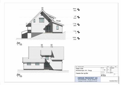 Fasadetegning som viser bygningens utseende fra sør og øst, inkludert høydeoppriss med etasjer (Kjeller, 1. Etlg, 2. Etlg, Loft, Mane) og vindusoppsett.