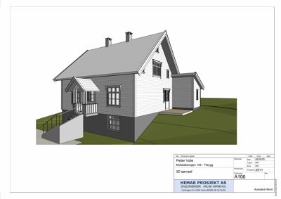 3D-visualisering (rendering) av en husfasade sett fra sørvest.