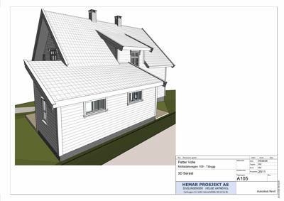 3D-visualisering (rendering) av en husfasade med tak, vinduer og grunnflate.