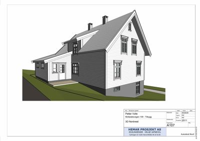 3D-visualisering av en nybygd eller ombygd bolig (3D Nordvest) med omgivende terreng.