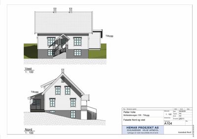 Fasadetegning som viser bygningens utseende sett fra nord og vest, inkludert etasjer, vinduer, tak og terrengforhold.
