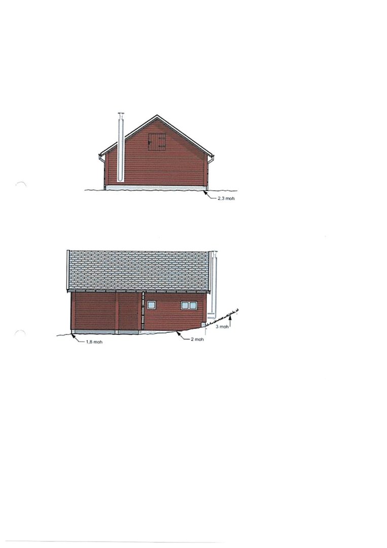 Bildet viser to fasadetegninger (opprikk) av en bygning sett fra utsiden. De viser takform, vinduer, røykledning og høydemål (moh) for ulike punkter på fasaden.