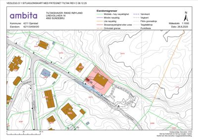 Situasjonskart som viser eiendomsgrenser, topografi, nabolag og plassering av tiltaket.
